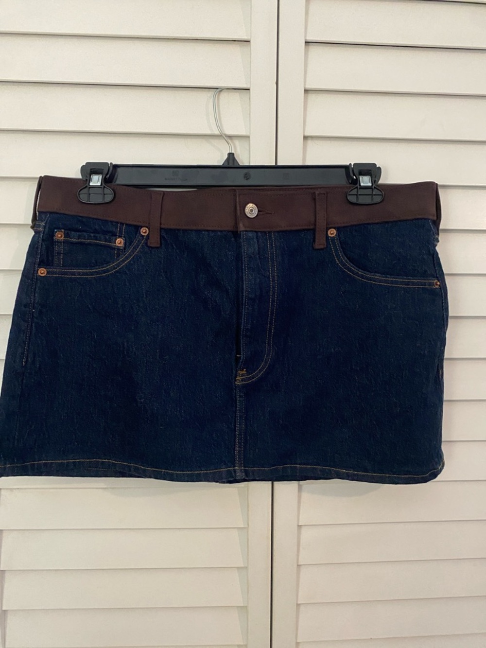 Abercrombie & Fitch Dark Blue Denim Mini Skirt with Brown Waistband